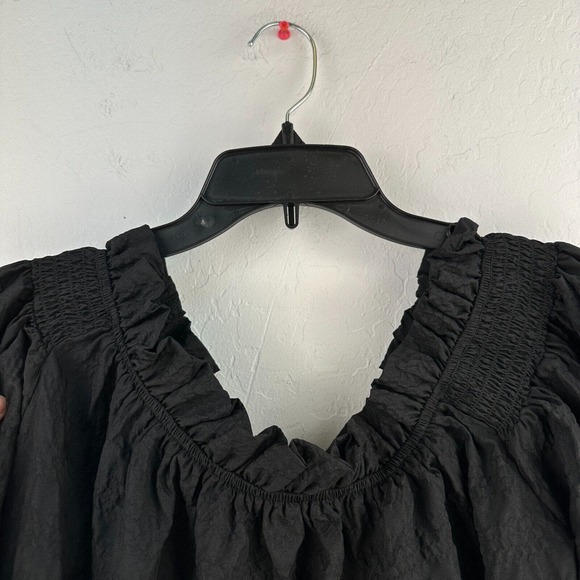River Island Top Womens 12 Black Off Shoulder Ruffled Neck Short Sleeve NWT - Picture 4 of 10